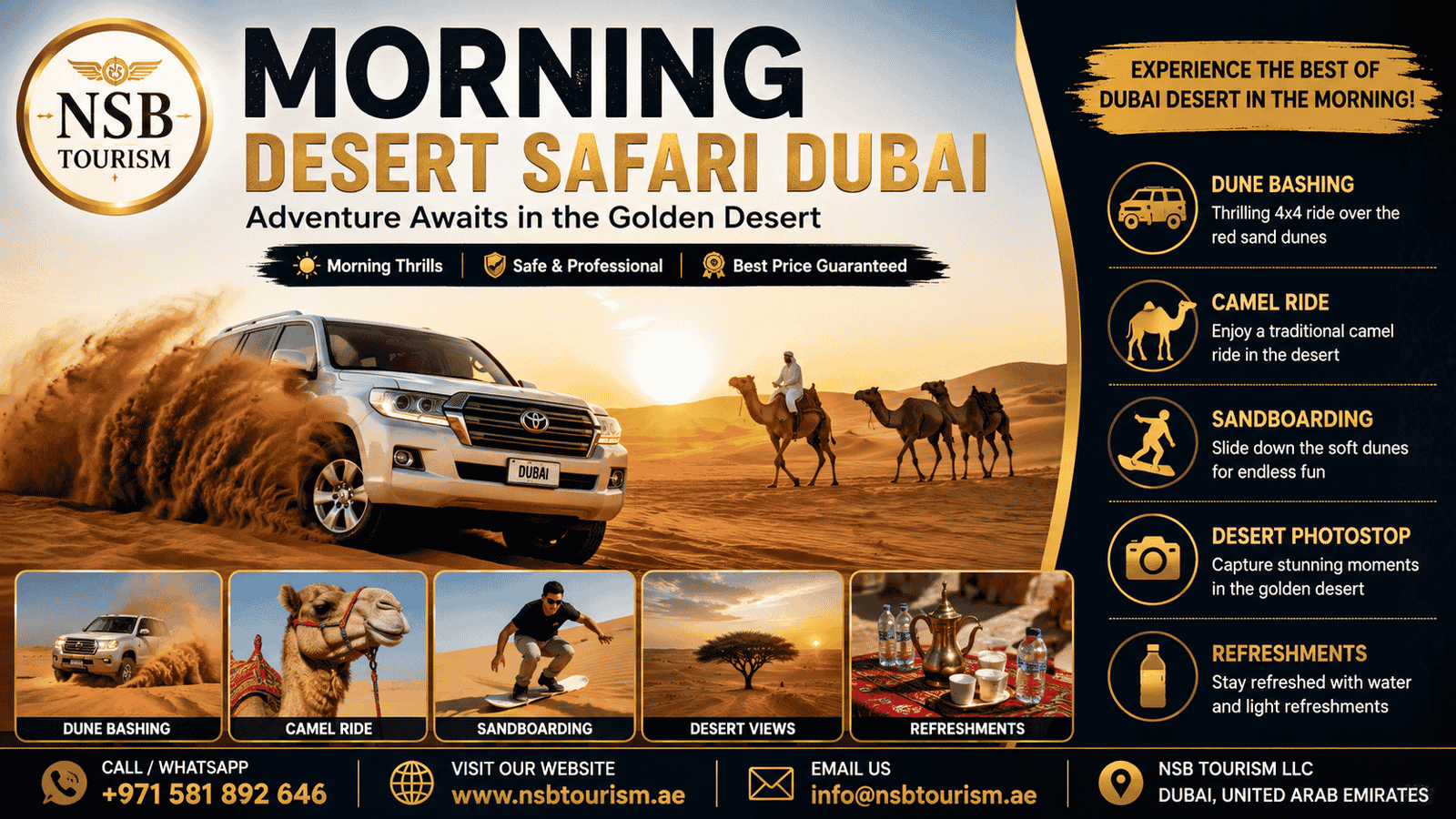 Morning Desert Safari Dubai featuring dune bashing, camel ride, sandboarding, desert photography, and sunrise adventure with NSB Tourism LLC