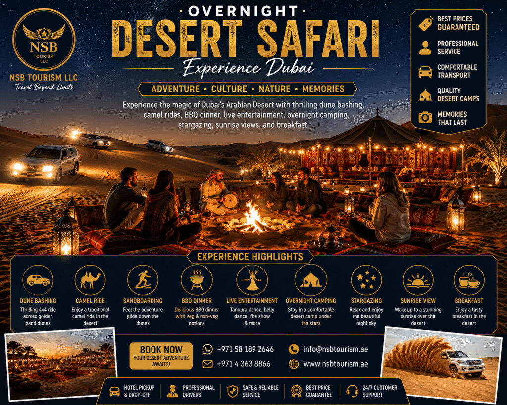 Overnight desert safari experience Dubai with desert camp, campfire gathering, dune bashing vehicles, camel rides, BBQ dinner, live entertainment, stargazing, sunrise views, and overnight camping in the Arabian Desert