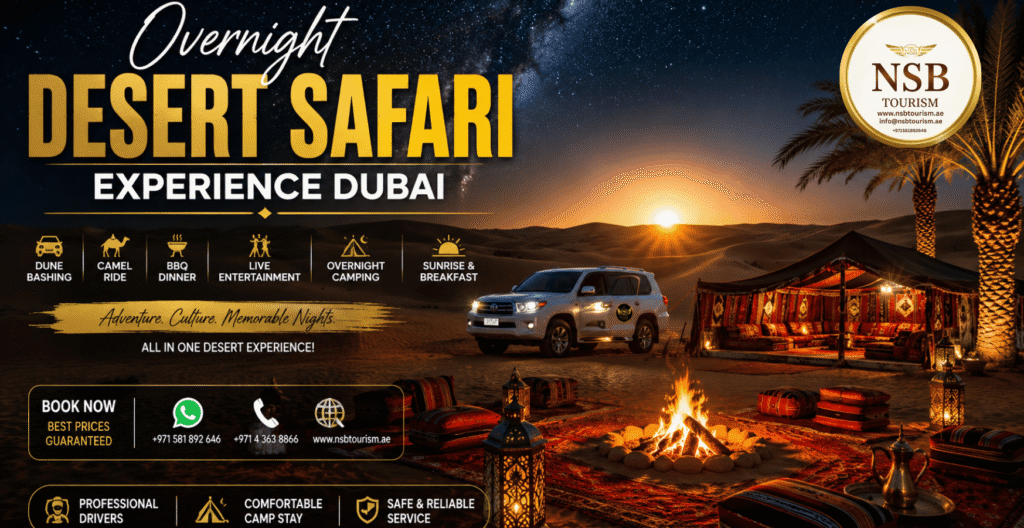 Overnight desert safari experience Dubai featuring luxury desert camp, stargazing, campfire, dune bashing, camel rides, sunrise views, BBQ dinner, and overnight camping in the Arabian Desert