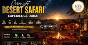 Overnight desert safari experience Dubai featuring luxury desert camp, stargazing, campfire, dune bashing, camel rides, sunrise views, BBQ dinner, and overnight camping in the Arabian Desert