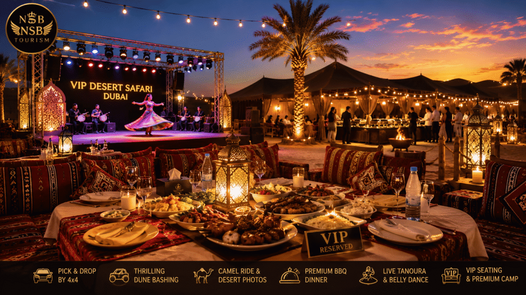 VIP Desert Safari Dubai with premium BBQ dinner, private VIP seating, luxury desert camp, Tanoura dance show, live entertainment, and exclusive desert hospitality
