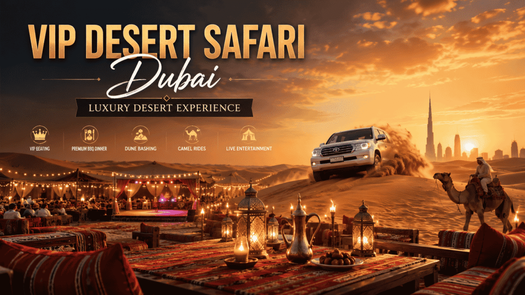 VIP Desert Safari Dubai featuring luxury desert camp, premium seating, dune bashing, camel rides, BBQ dinner, live entertainment, and exclusive desert experiences