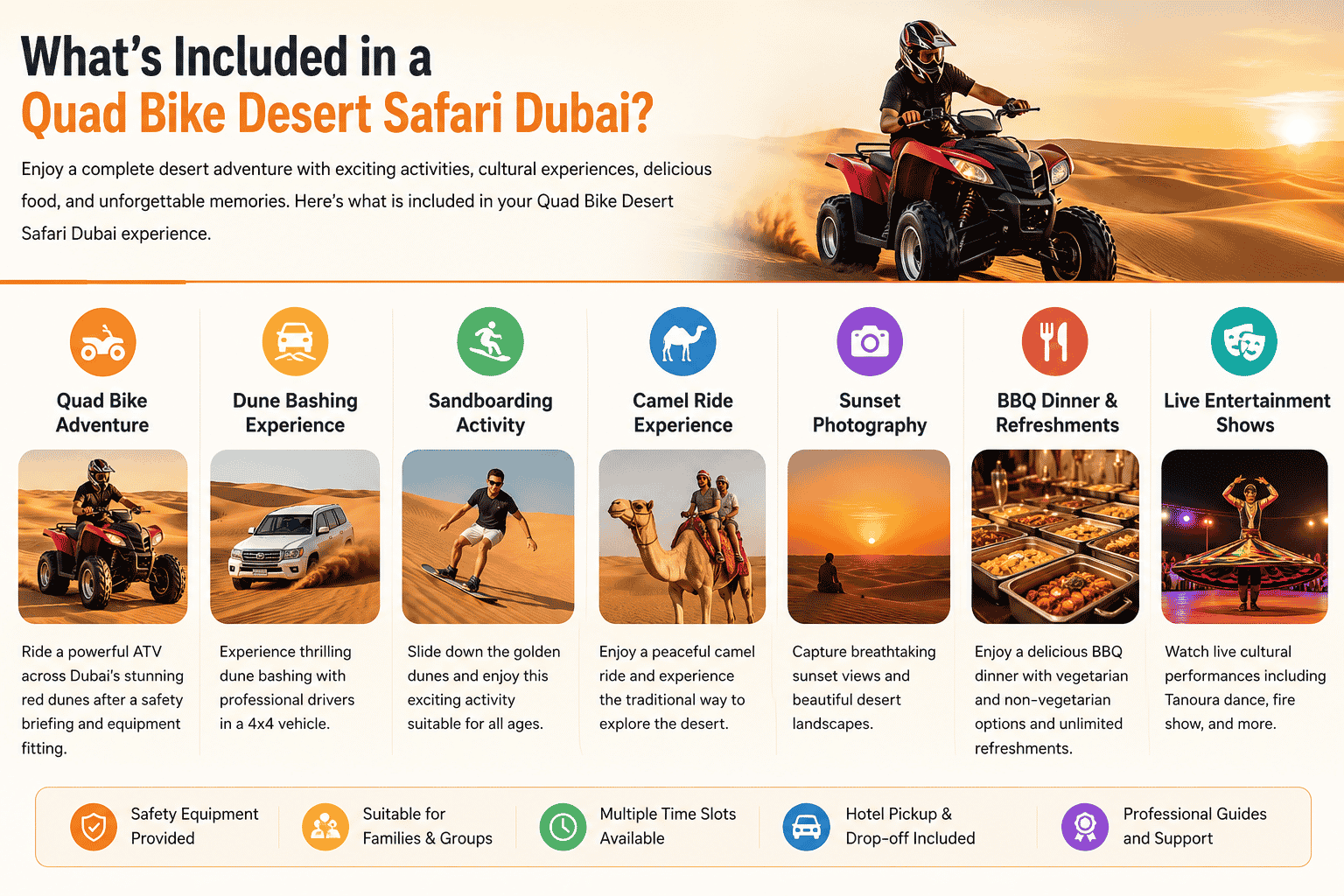 Quad Bike Desert Safari Dubai activities including ATV riding, dune bashing, sandboarding, camel ride, sunset photography, BBQ dinner, and live entertainment in the Dubai desert.