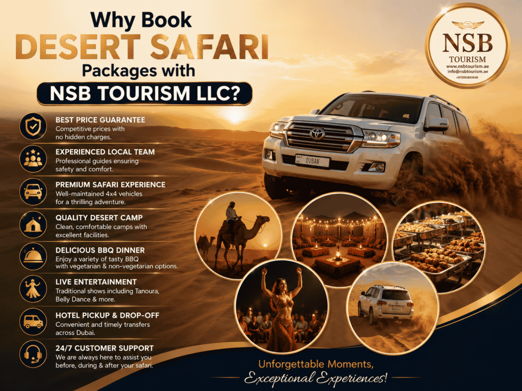 Dubai desert safari experience with dune bashing, camel rides, BBQ dinner, desert camp, live entertainment, and professional service from NSB Tourism LLC