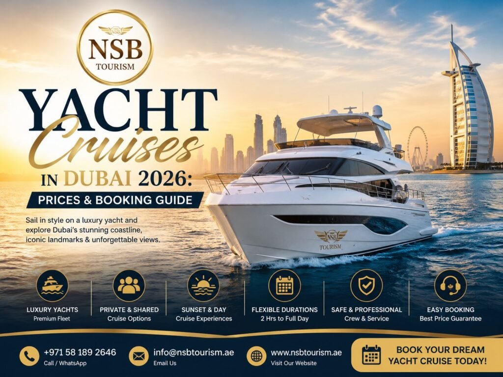 Luxury yacht cruises in Dubai 2026 with skyline views and private yacht booking