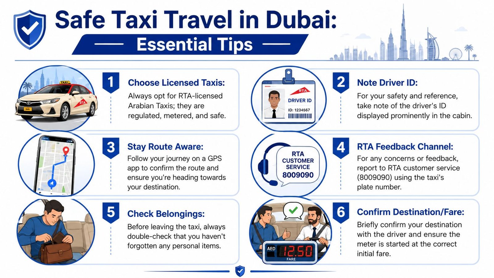 An infographic titled Safe Taxi Travel in Dubai listing six essential tips for passenger safety.