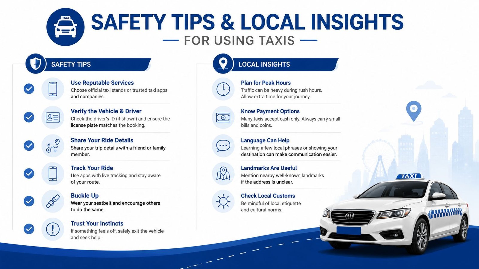 An infographic titled Safety Tips and Local Insights for Using Taxis in a city setting.