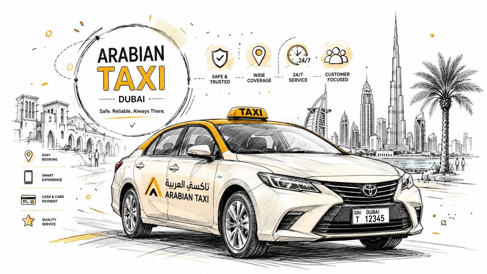A digital illustration of an Arabian Taxi service in Dubai, featuring a taxi car with the city skyline.
