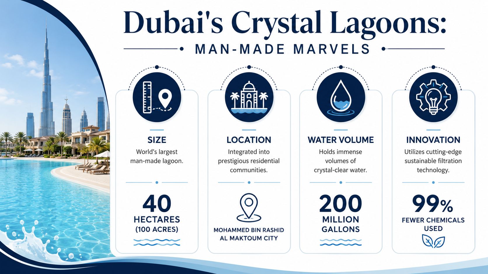 An infographic detailing the features of Dubai's Crystal Lagoon including its size, location, water volume, and sustainable technology.
