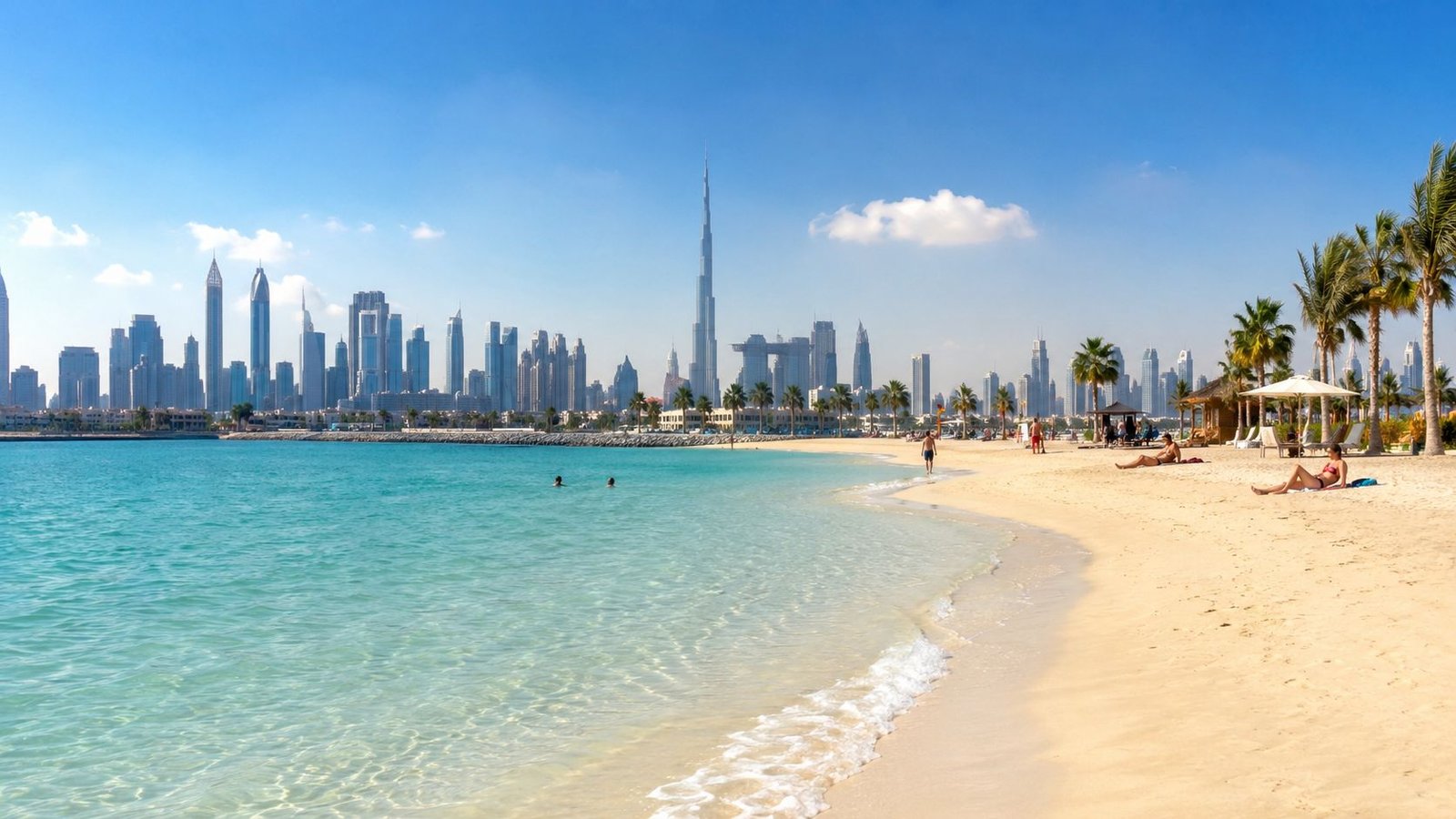 A scenic view of a sandy beach in Dubai with the iconic Burj Khalifa skyline in the distance.