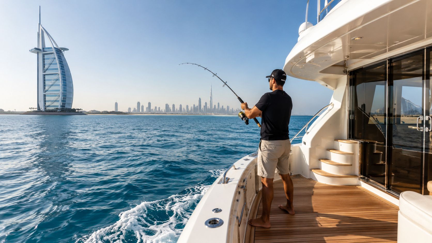 A man fishing from the deck of a yacht with the Burj Al Arab and Dubai skyline in view.