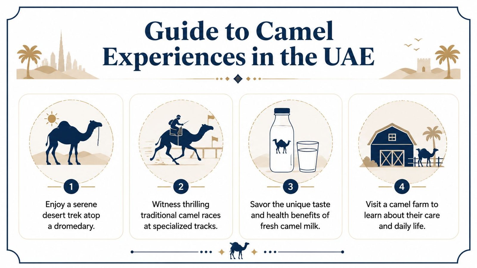 An infographic titled Guide to Camel Experiences in the UAE detailing four unique cultural activities with camels.