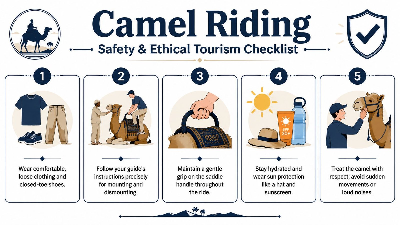 A five-step safety and ethical tourism infographic for people interested in camel riding experiences.