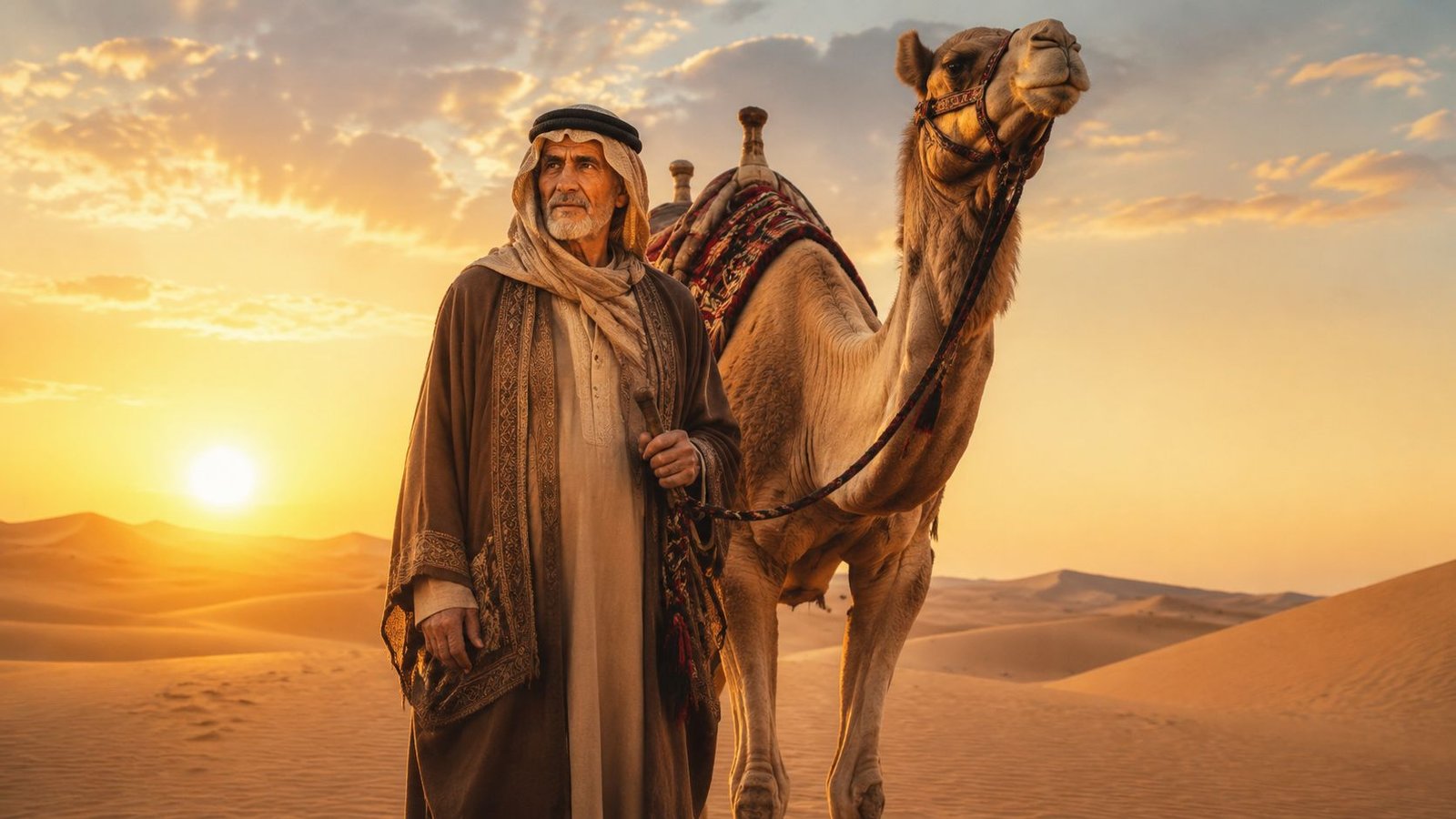 An elderly man wearing traditional desert attire standing with a camel in the golden dunes at sunset.