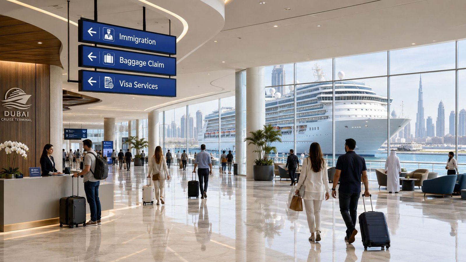 Passengers walking through a bright, modern cruise terminal in Dubai with a large cruise ship docked nearby.