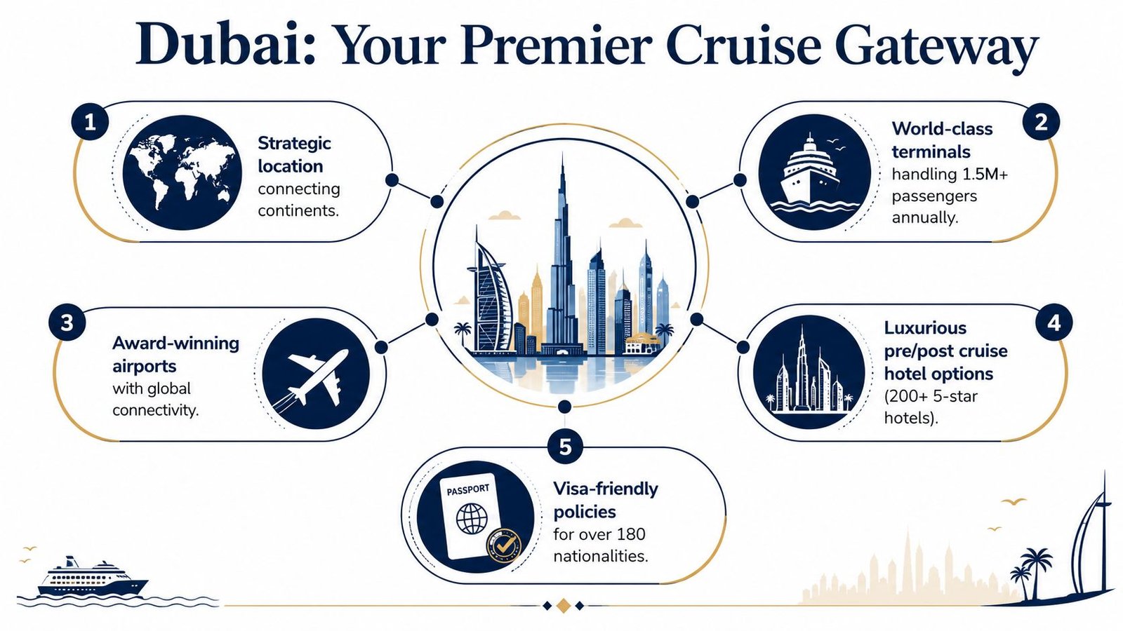 An infographic highlighting Dubai as a premier cruise hub with five key features including location and infrastructure.