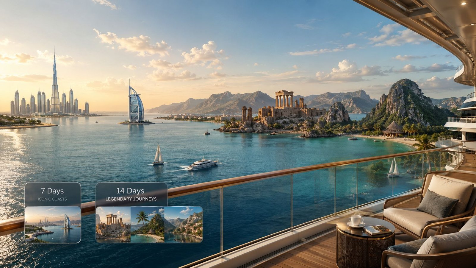 A luxurious cruise ship balcony overlooking a scenic harbor with Dubai skyline and ancient stone ruins.