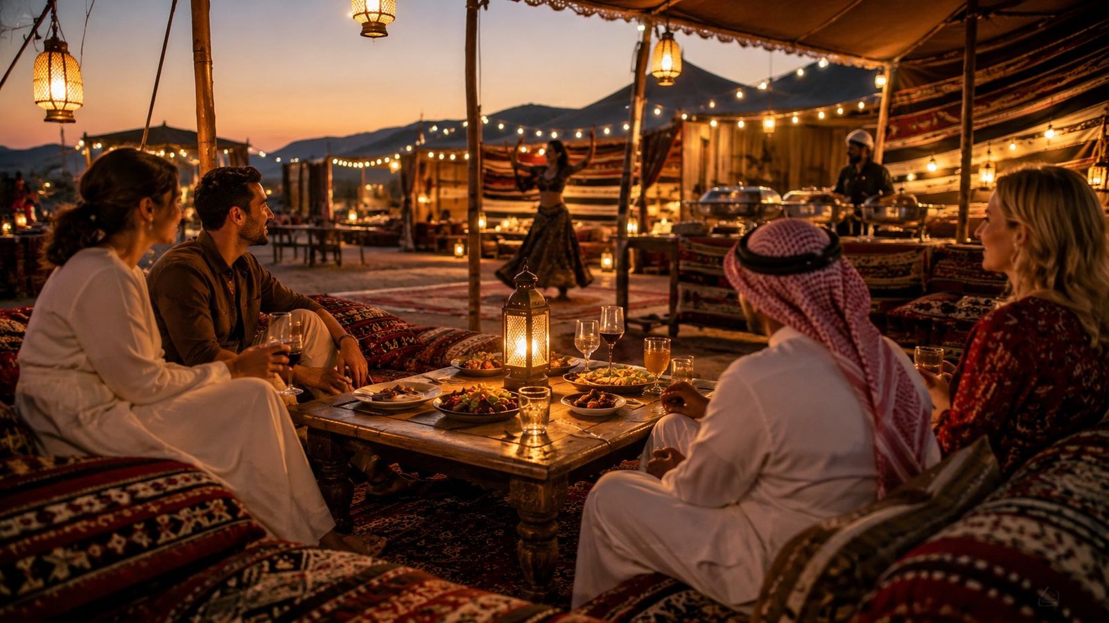 A group of friends enjoying a traditional dinner with live entertainment in a luxury desert camp setting.