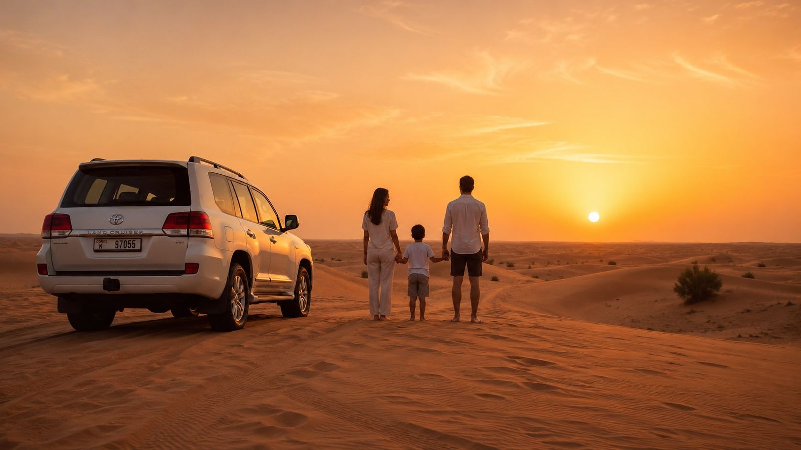 A family of three standing in the desert looking at the golden sunset next to their SUV.