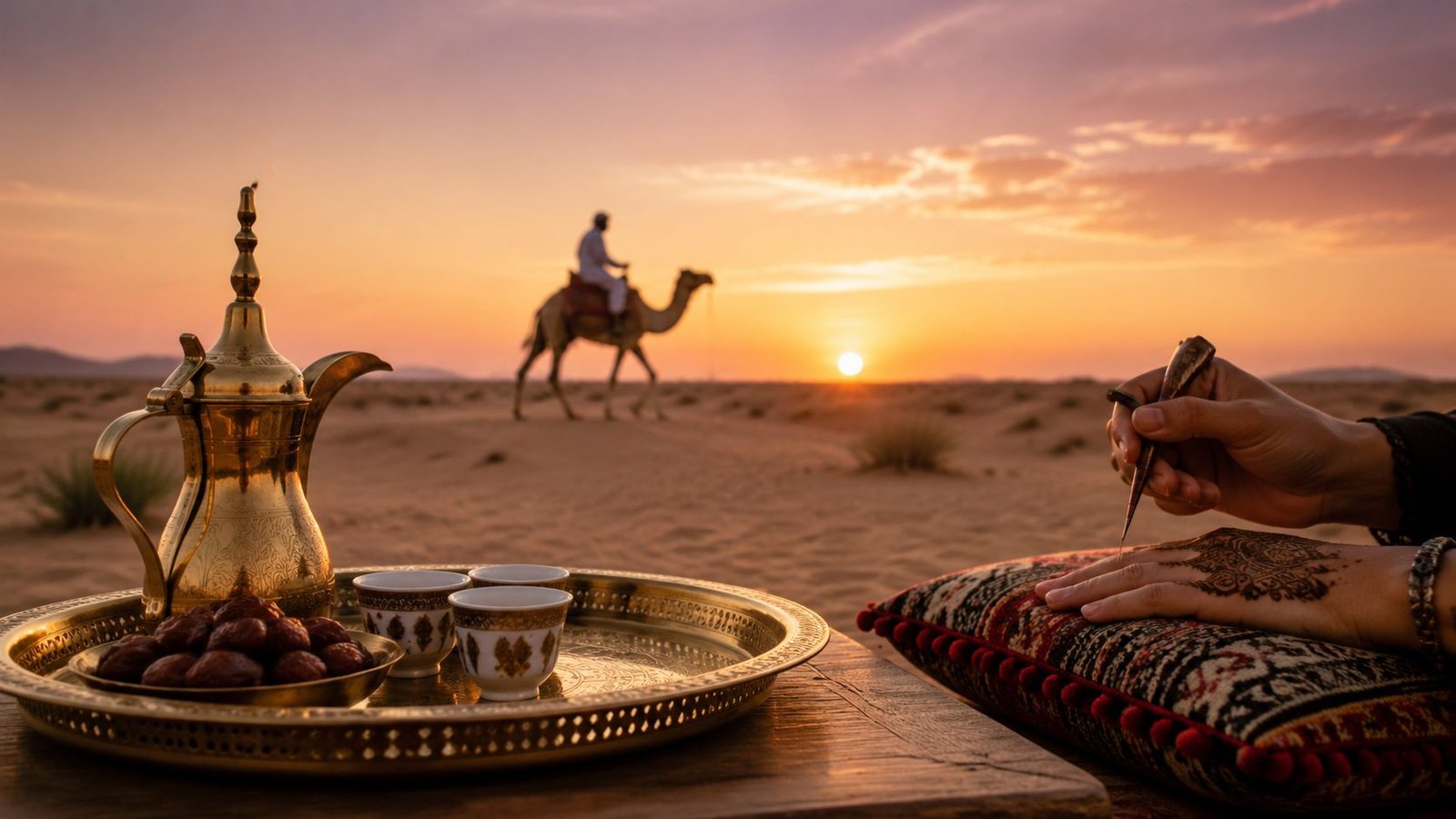 A hand applies henna in a serene desert landscape with a traditional coffee set and camel silhouette.