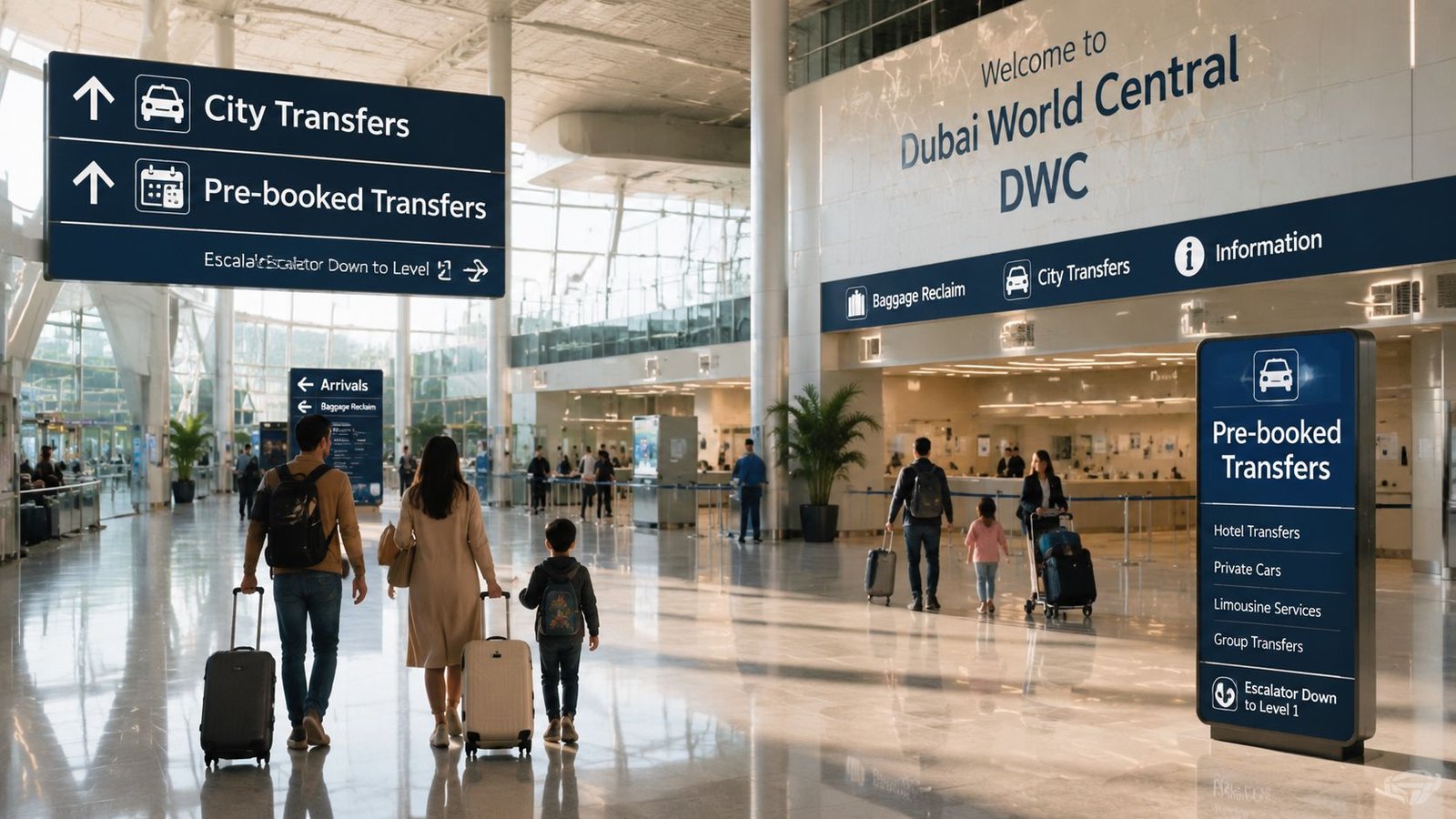 A family walks through the arrival terminal at Dubai World Central airport with directional signs for transfers.