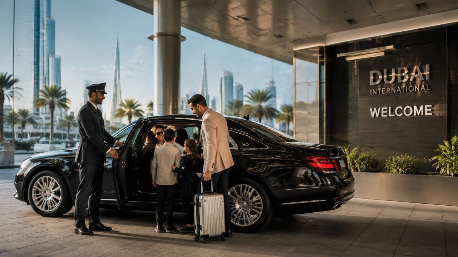 A professional chauffeur welcomes a family with luggage arriving at a luxury Dubai International Hotel entrance.