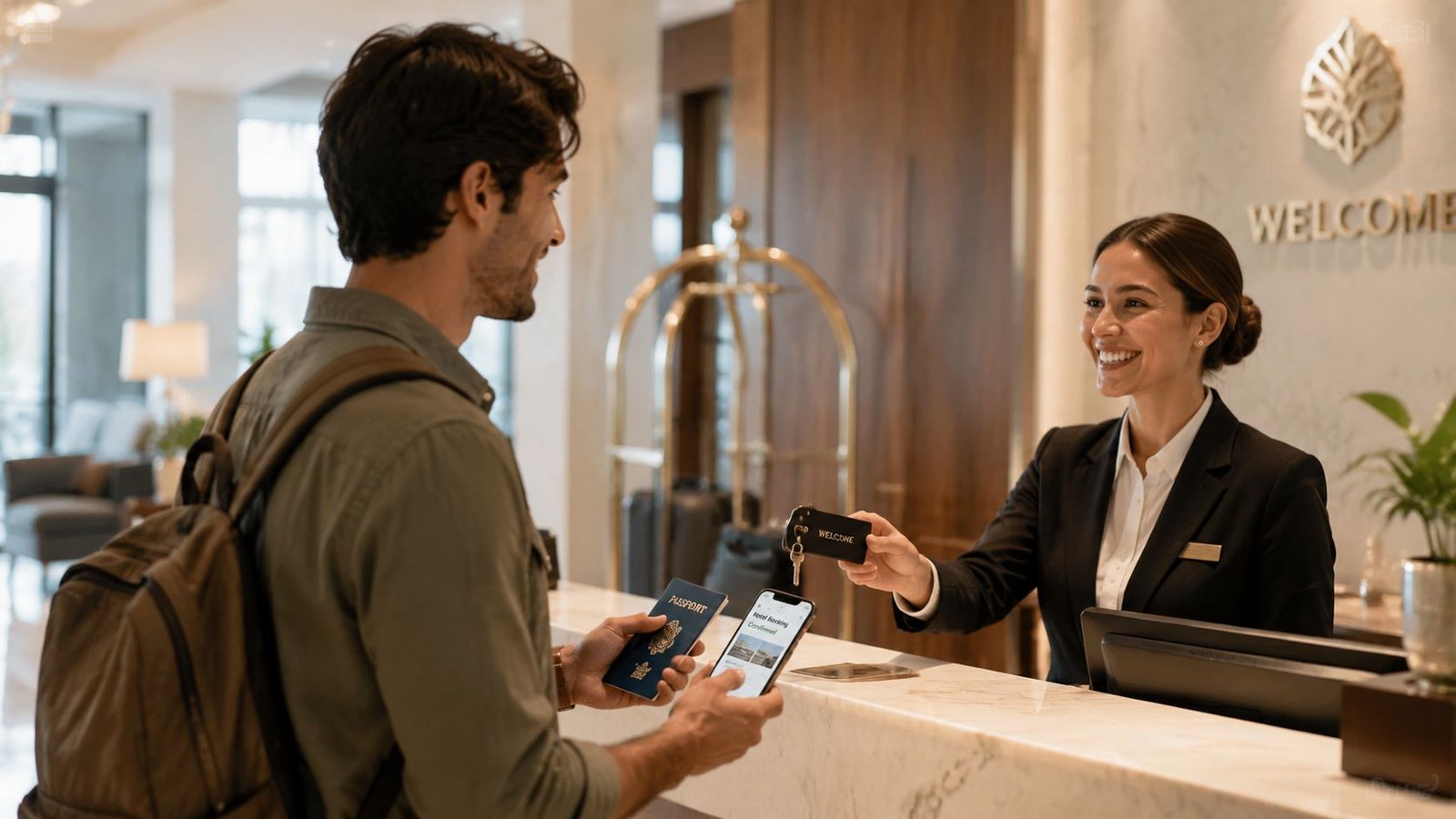 A friendly hotel receptionist smiles while handing a room key to a male traveler at a desk.