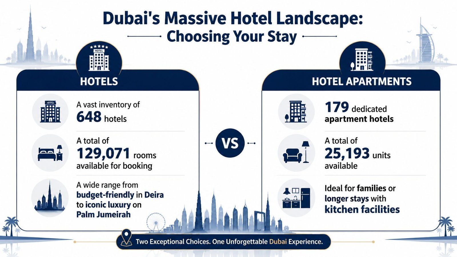 An infographic comparing traditional hotels and hotel apartments in Dubai, highlighting statistics and accommodation options.