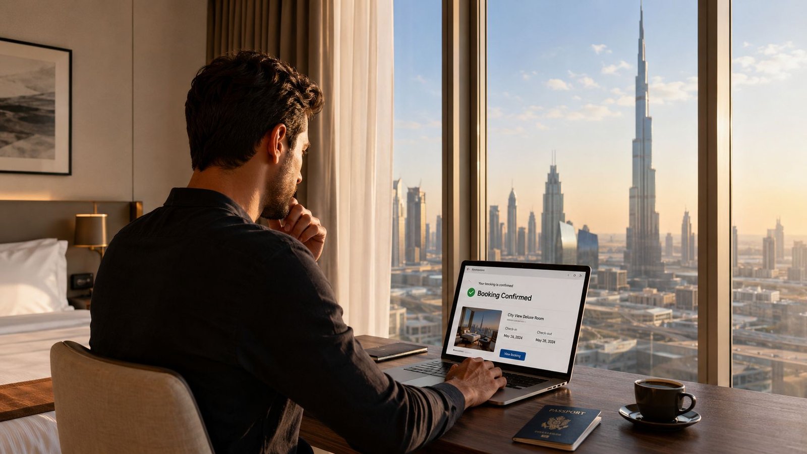 A man sits at a hotel desk viewing his confirmed booking on a laptop overlooking the Dubai skyline.