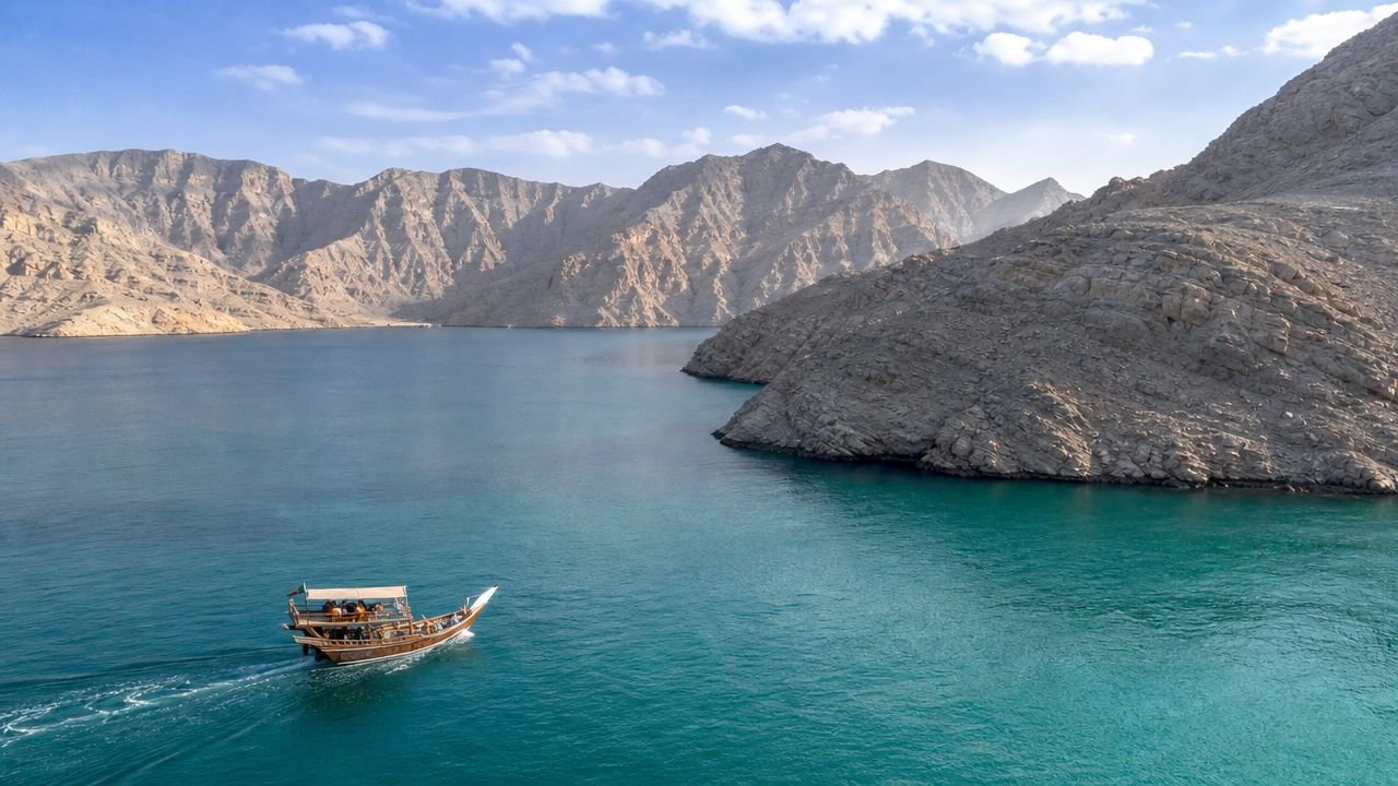 A traditional wooden dhow boat sailing on the turquoise waters of the Musandam Peninsula surrounded by mountains.