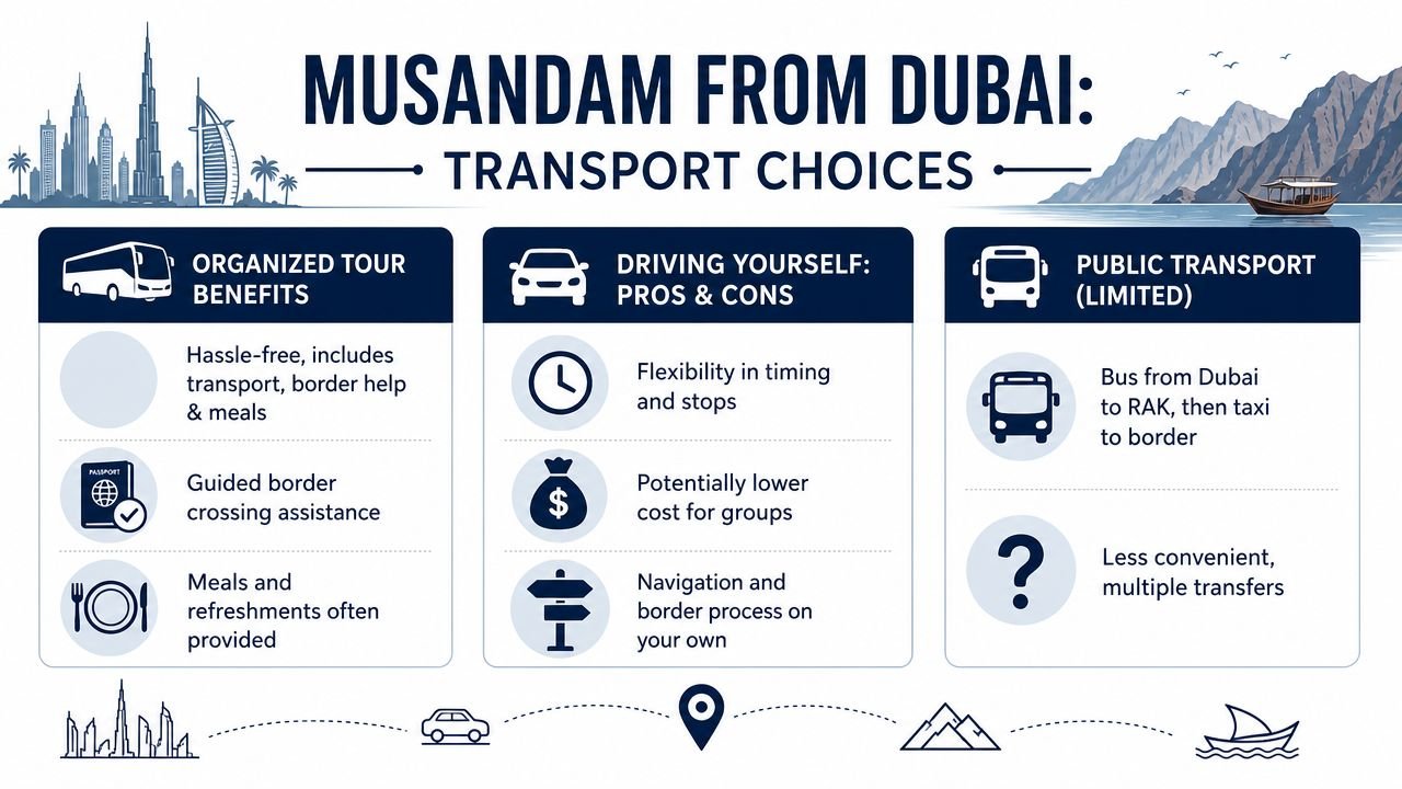 A travel infographic titled Musandam from Dubai explaining transport choices including tours, driving, and public transport options.