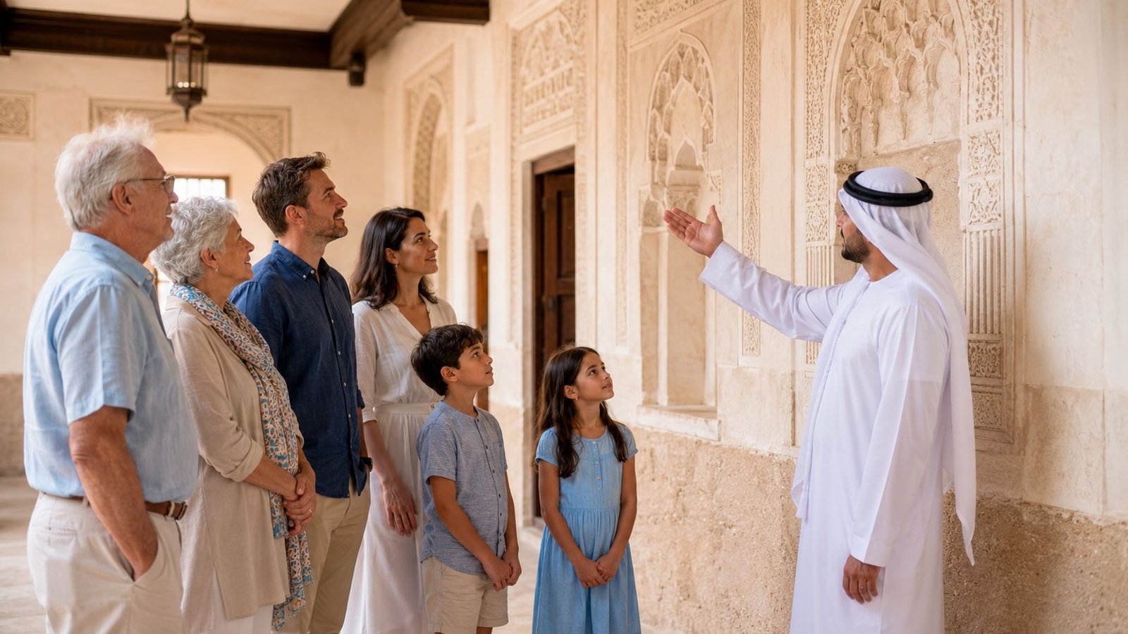 A tour guide in traditional clothing explaining historical architecture to a multi-generational family at Qasr Al Hosn.