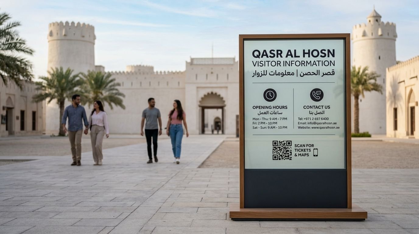 A wooden informational sign stands at the historic Qasr Al Hosn landmark with visitors walking in the background.