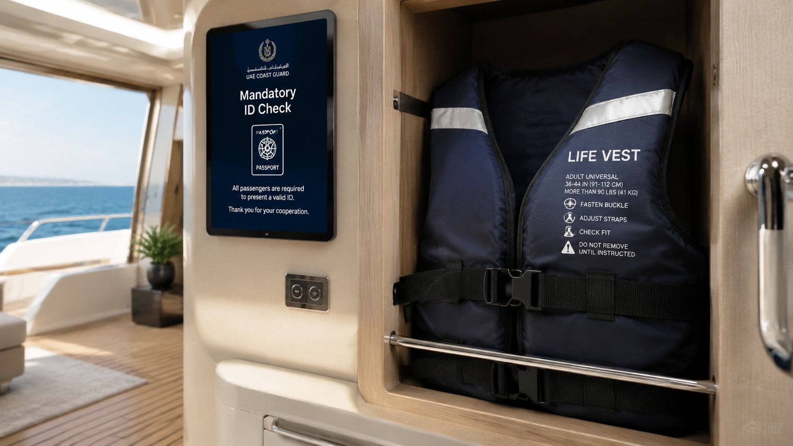 A life vest stored in a yacht cabinet next to a UAE Coast Guard ID check sign.