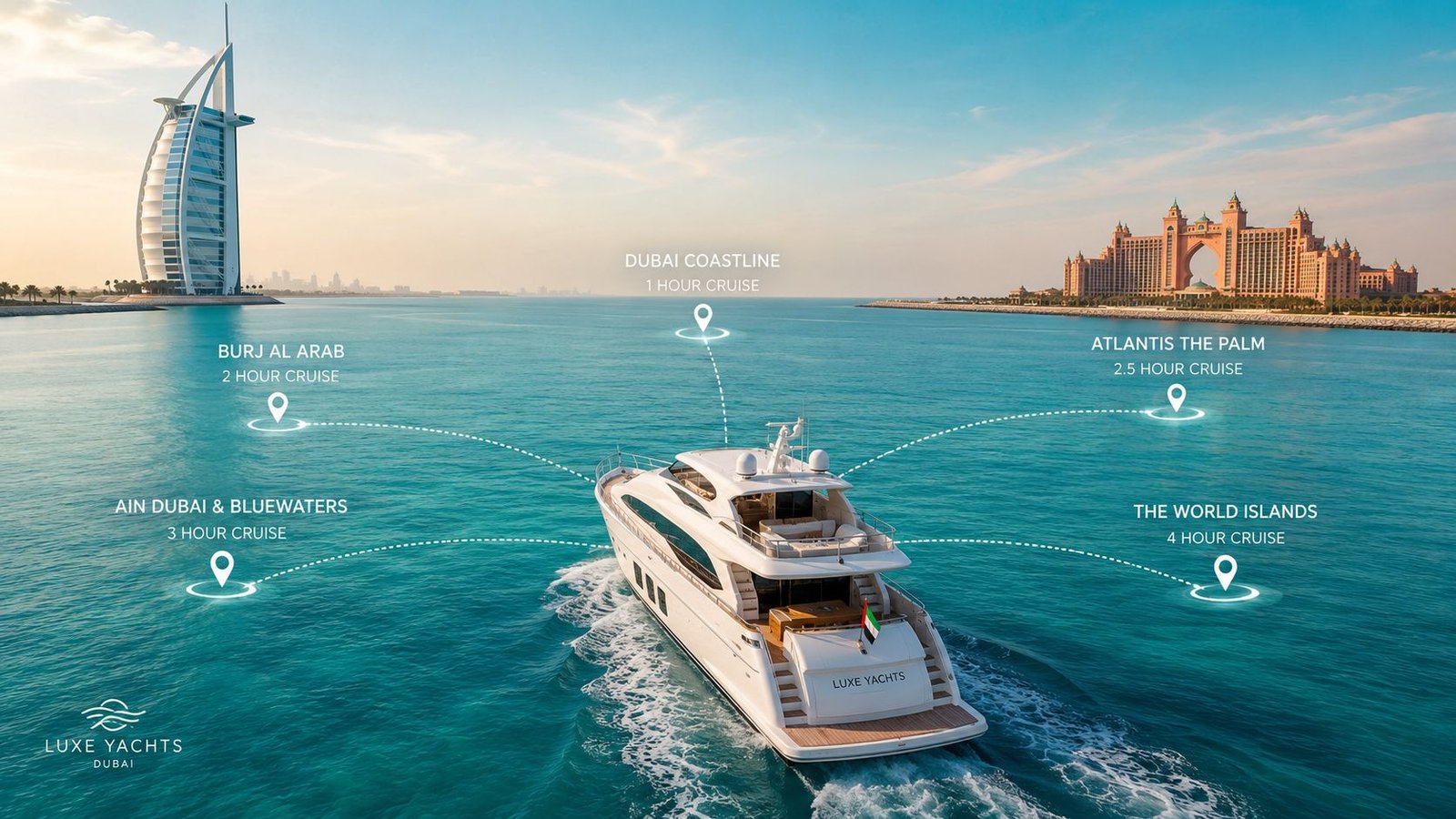 A luxury yacht cruising in Dubai waters with markers showing cruise durations to landmarks like Burj Al Arab.