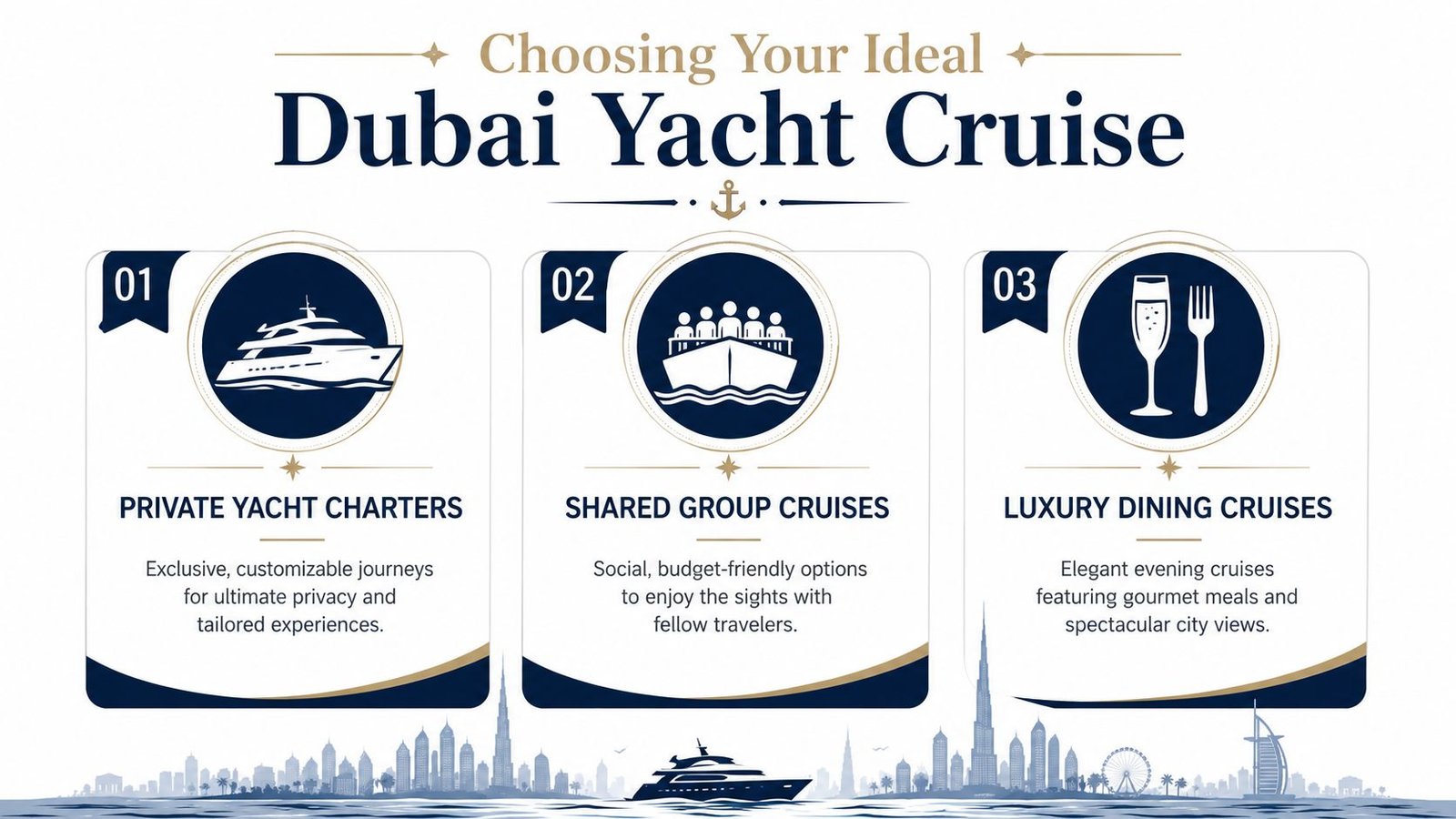 An infographic showing three types of Dubai yacht cruises: private charters, shared group cruises, and luxury dining cruises.