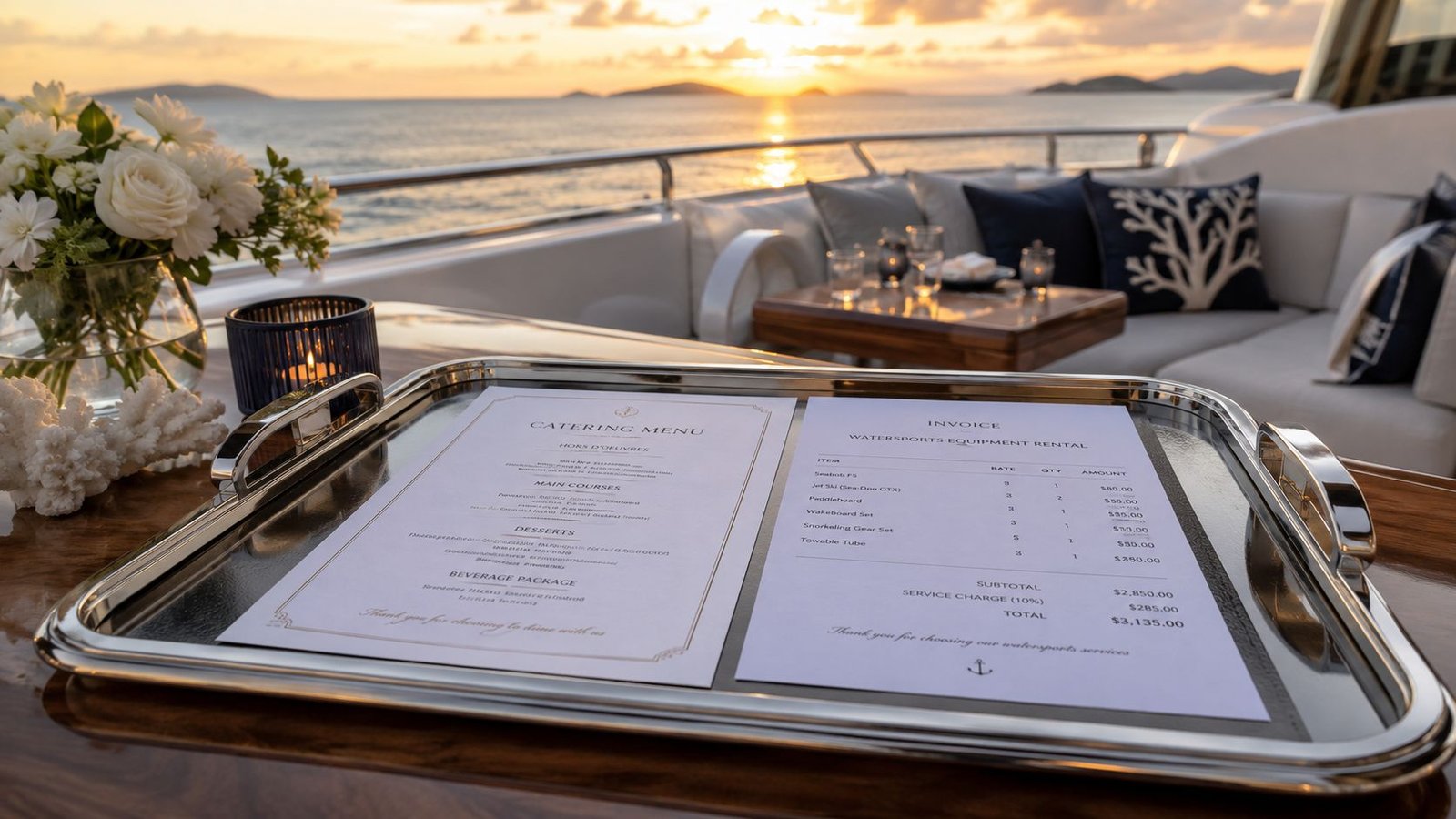 A luxurious yacht deck featuring a catering menu and watersports equipment rental invoice at sunset.