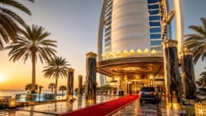 Luxury exterior view of a 7 stars hotel in Dubai with stunning architecture and waterfront setting – 2026 travel guide by NSB Tourism.
