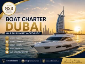 Boat Charter Dubai luxury yacht cruising near Burj Al Arab during sunset in 2026