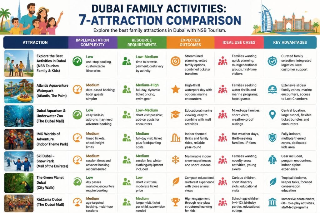Infographic comparing seven family activities in Dubai, featuring Atlantis Aquaventure, Dubai Aquarium, IMG Worlds of Adventure, Ski Dubai, The Green Planet, KidZania, and NSB Tourism family experiences with planning complexity, resource requirements, expected outcomes, ideal use cases, and key advantages.