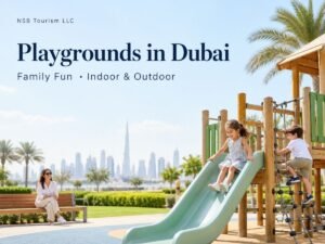 Two children playing on a slide and climbing rope ladder, with a parent nearby and the Dubai skyline in the background.