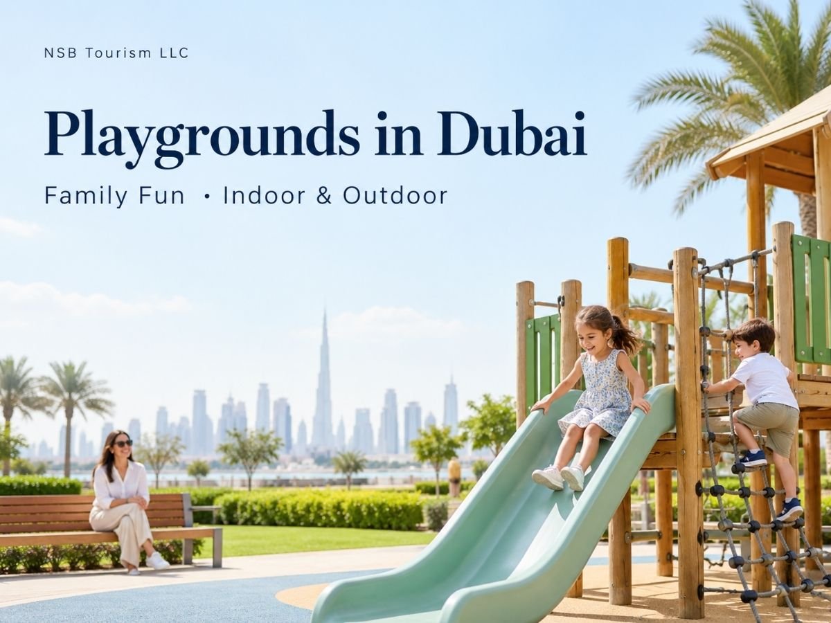 Two children playing on a slide and climbing rope ladder, with a parent nearby and the Dubai skyline in the background.