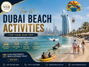 Top Dubai beach activities in 2026 featuring water sports, beach fun, and family-friendly adventures