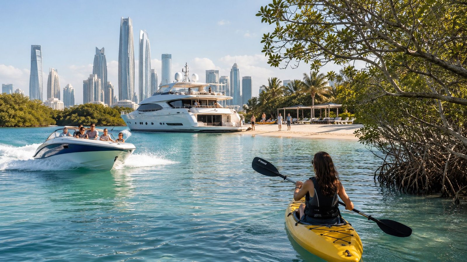 A woman kayaking near a luxury yacht and a speed boat by the Abu Dhabi city skyline.