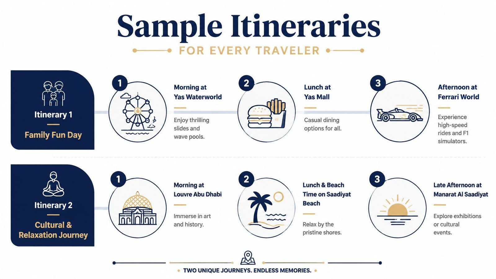 A visual guide outlining two sample travel itineraries for a trip to Abu Dhabi's famous attractions.