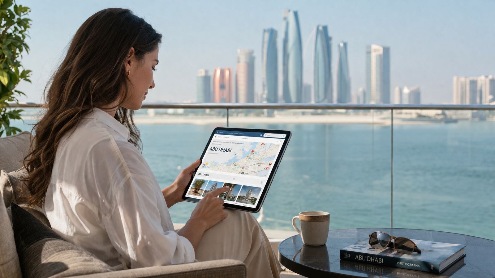 A woman looks at an Abu Dhabi travel guide app on her tablet overlooking the city skyline.