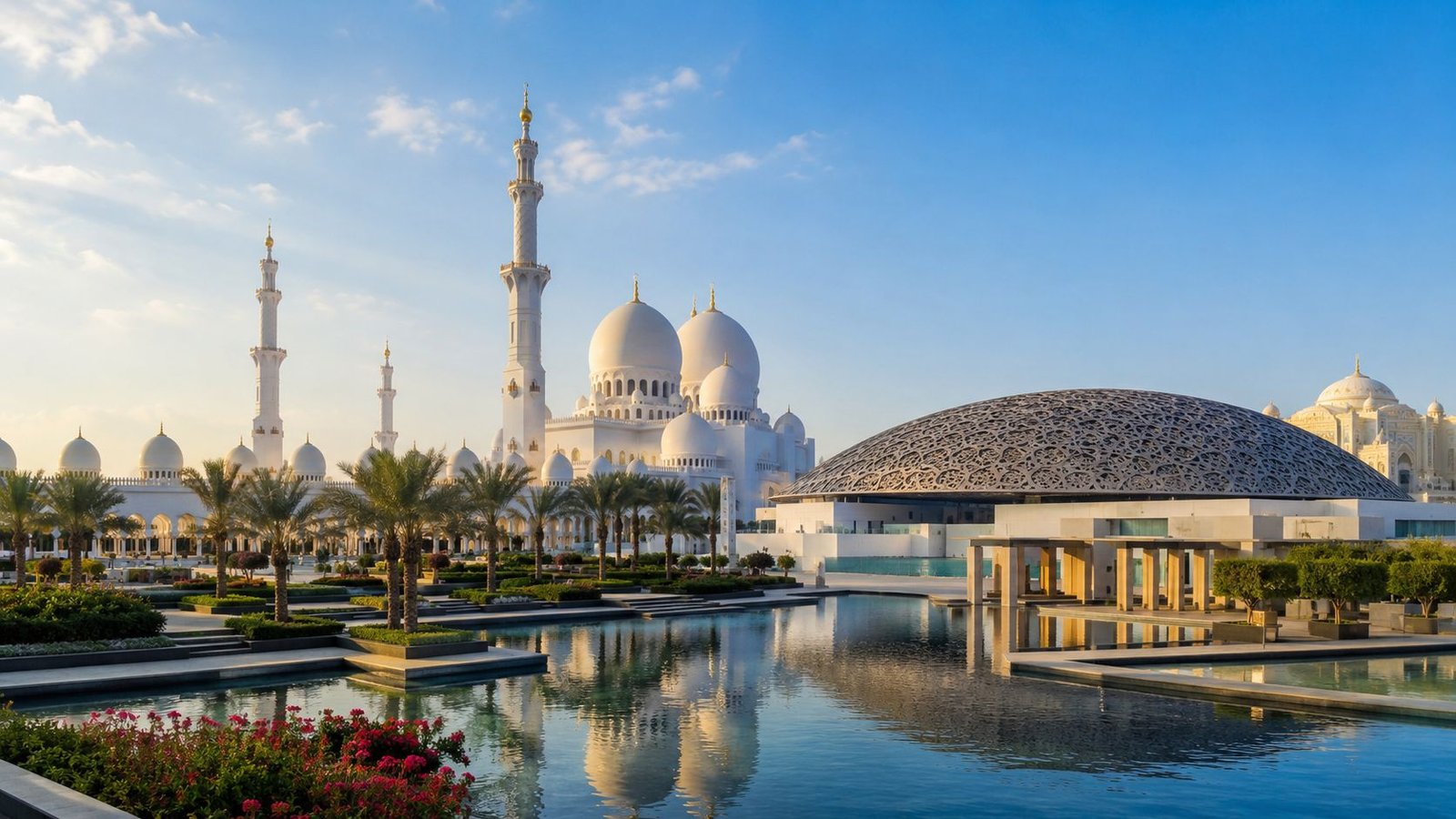 A scenic view of the Sheikh Zayed Grand Mosque and Louvre Abu Dhabi museum under blue skies.