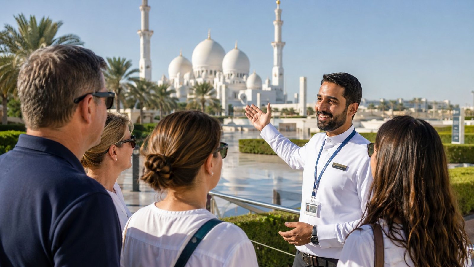 A friendly male tour guide gesturing towards the beautiful Sheikh Zayed Grand Mosque in Abu Dhabi.