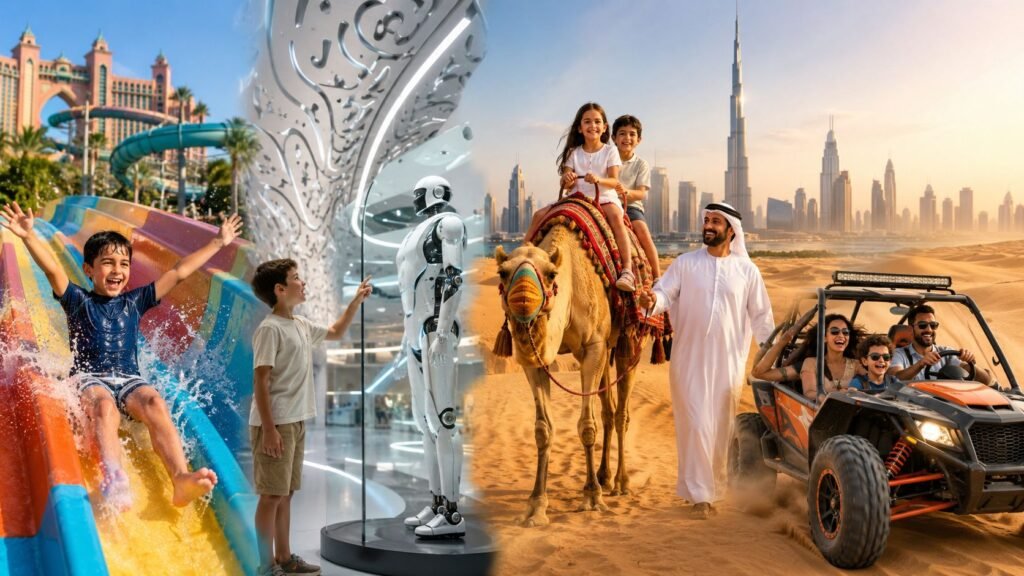 Happy family enjoying kid-friendly activities in Dubai and Abu Dhabi, including theme parks, aquariums, interactive museums, and outdoor attractions during a 2026 family holiday.