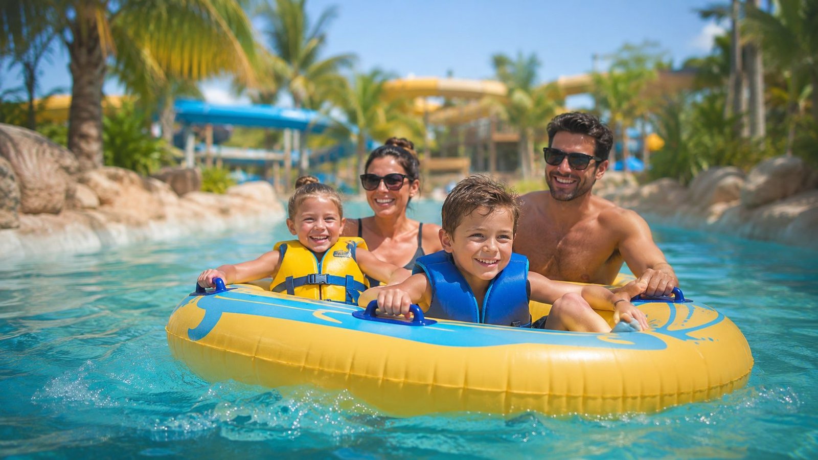 A happy family of four floating together in a yellow tube at a sunny outdoor water park.